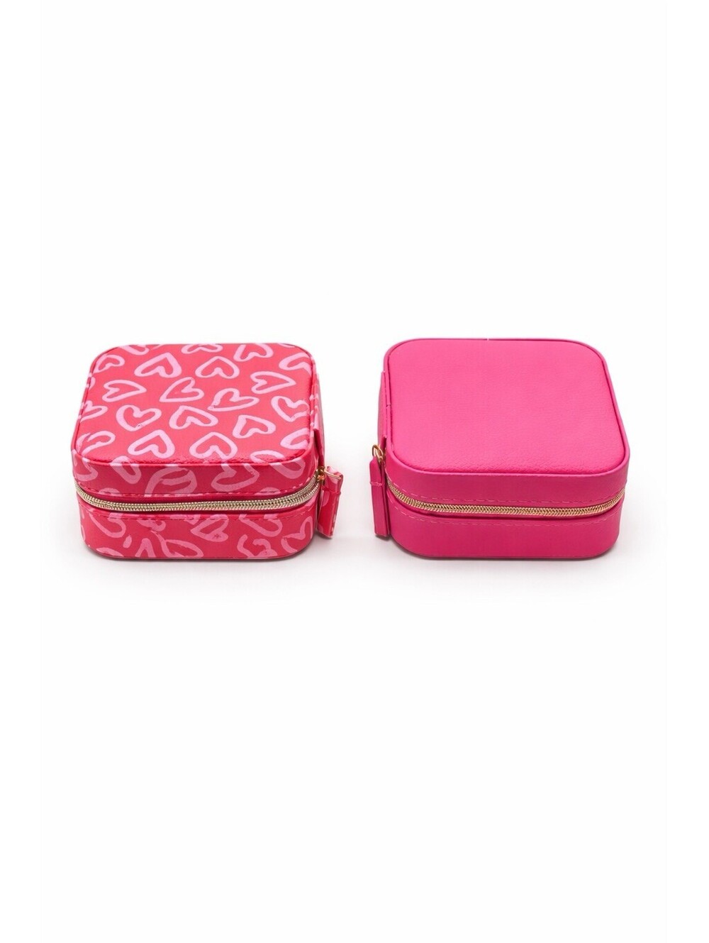 2pc Pink Jewelry Box Set Heart Pattern Zip Organizer Travel Case